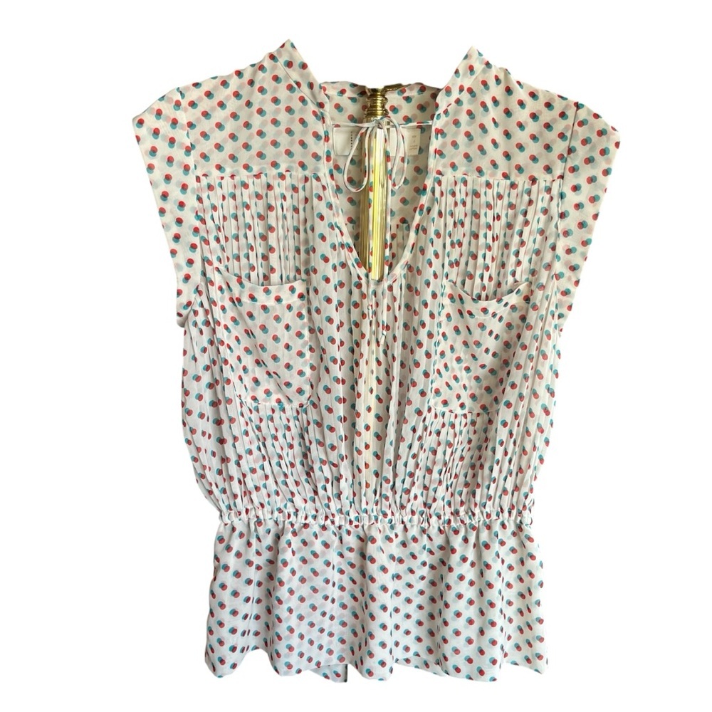 Anthropologie Cream Blouse with Red and Teal Dot Print